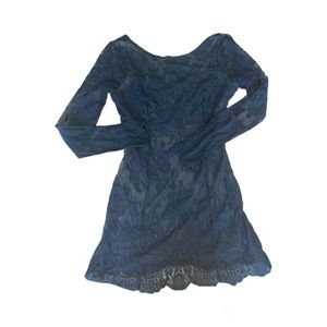 Free People Blue Lace Bodycon Mini Dress Long Sleeve Open Back Lined Size XS